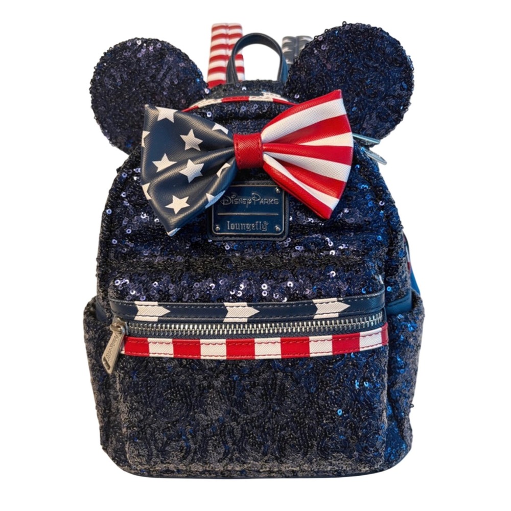 Disney Parks Loungefly Minnie Mouse Americana Sequin Mini Backpack Patriotic Bow